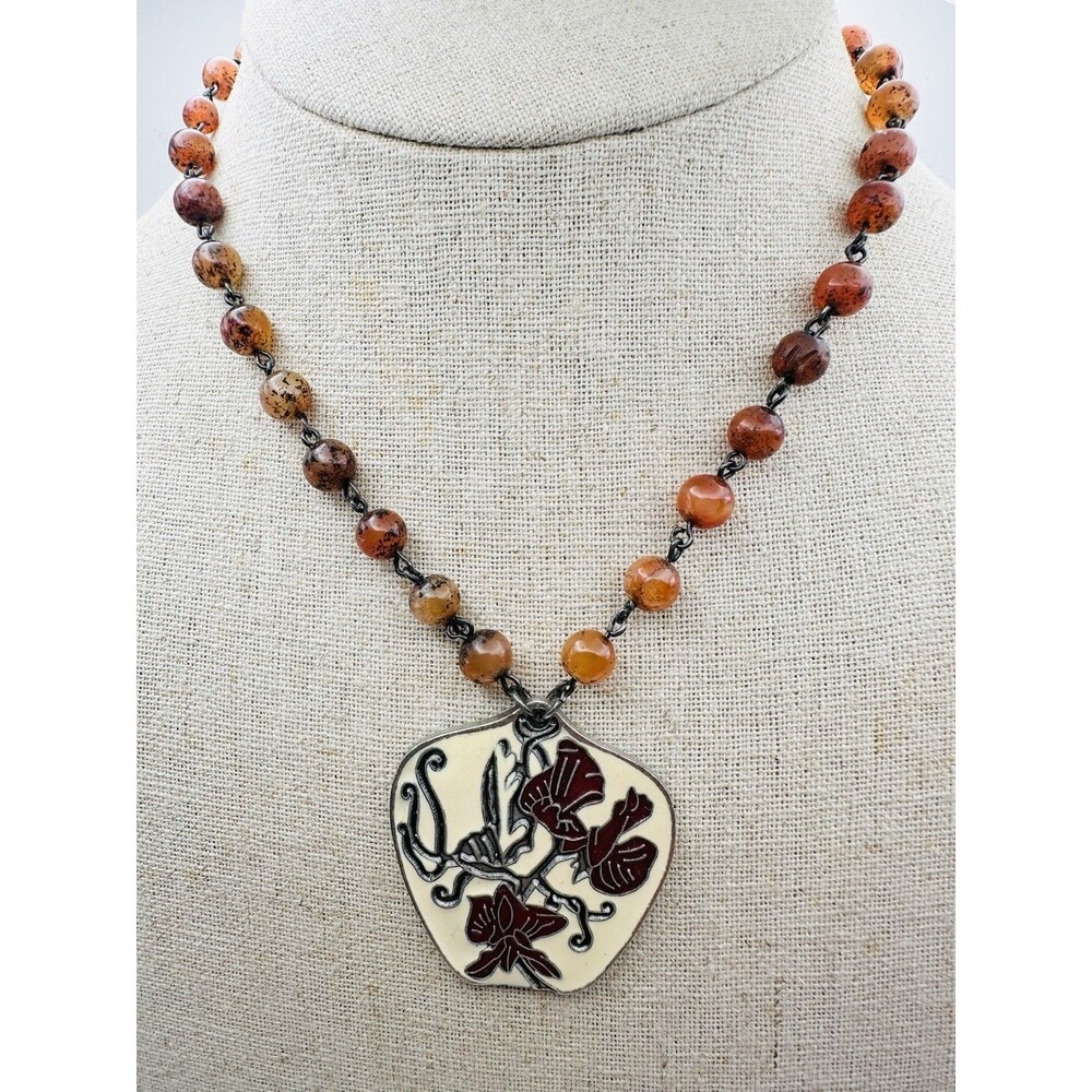 Vintage Bonnie J Carnelian Agate Bead Enamel Pendant Necklace 16”
